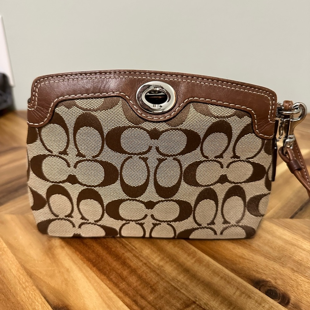 Coach Signature Brown and Tan Wristlet
